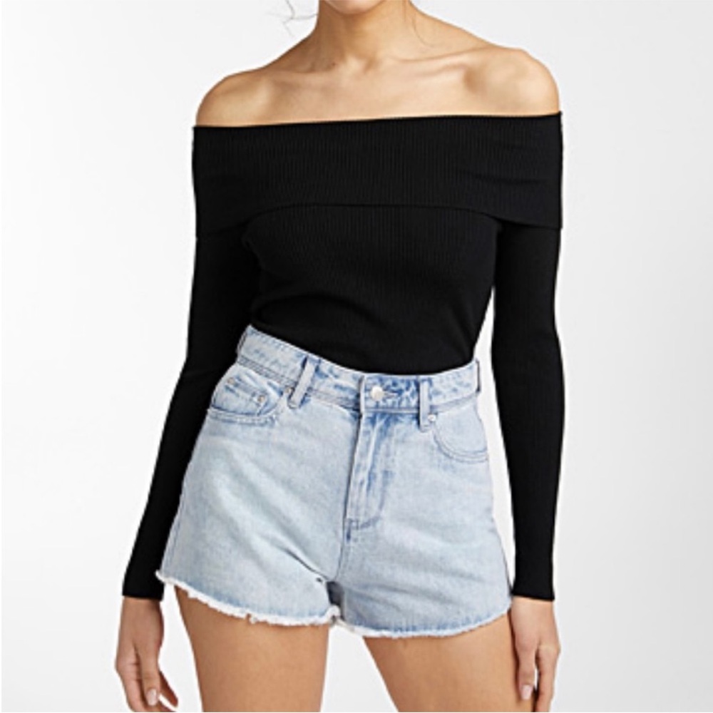 Simons Twik ribbed off shoulder “marilyn-collar” style top